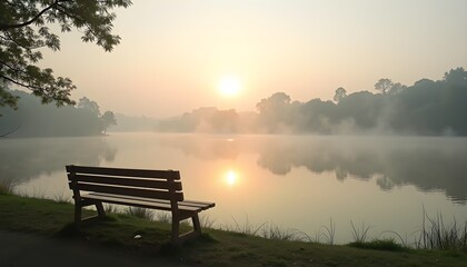 Wooden bench overlooking misty lake at sunrise