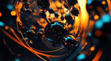 Molecular structure swirling, dark background, science concept