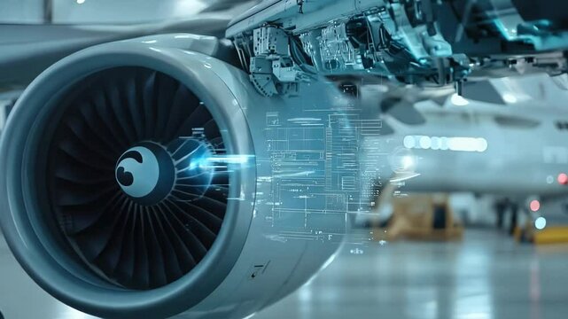 Close up of an aircraft engine highlighting maintenance technology and diagrams in an airport hangar