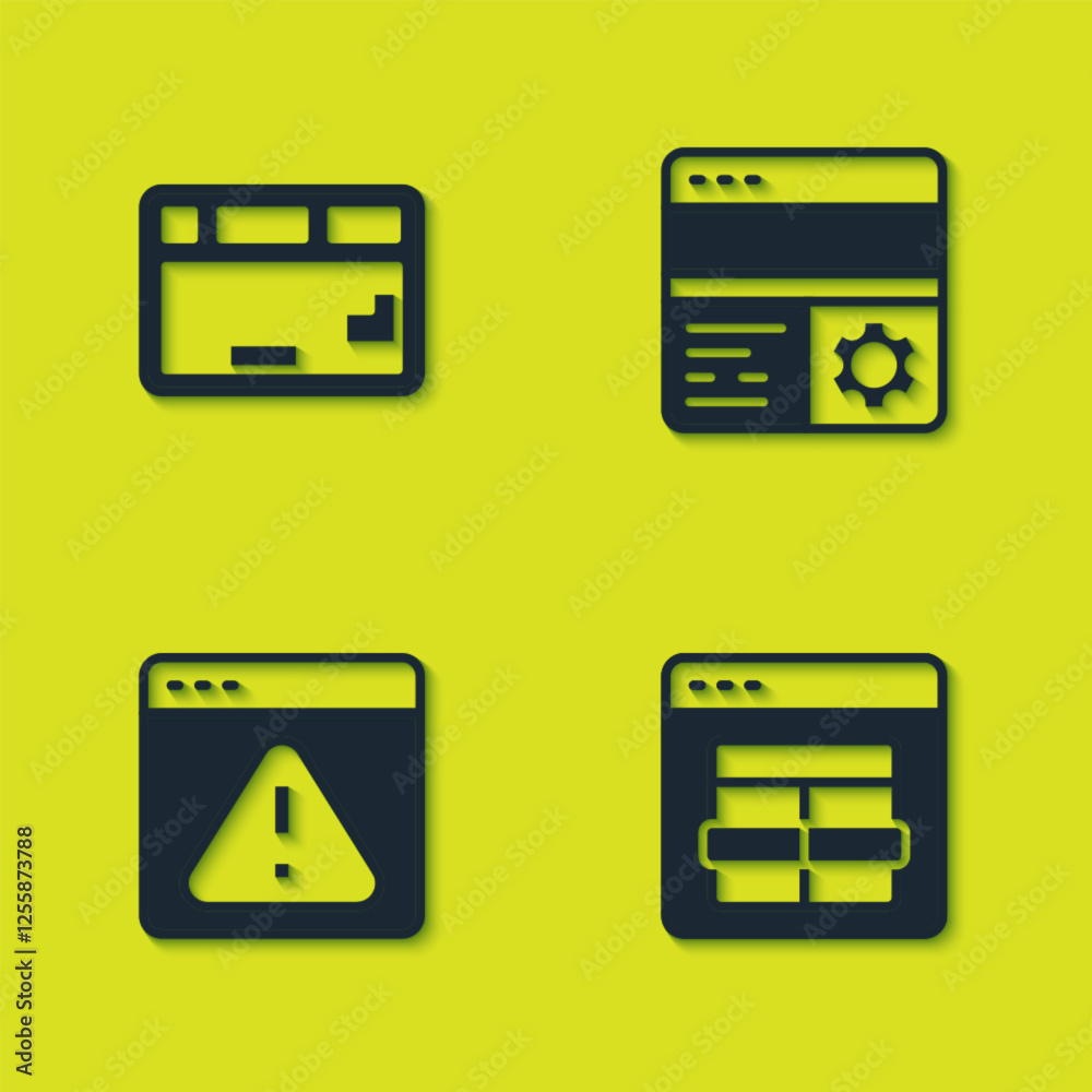 Poster set keyboard, mysql code, browser with exclamation mark and debugging icon. vector