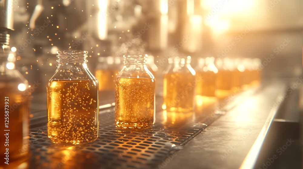 Poster a row of glass jars filled with sparkling liquid, illuminated by soft light, suggesting a beverage p