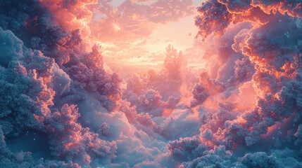 Fototapeta premium Surreal dreamscape with pastel hues and intricate fantasy elements in a vibrant sky