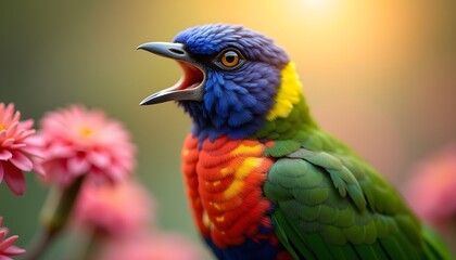 Obraz premium Colorful parrot singing near pink flowers at sunrise