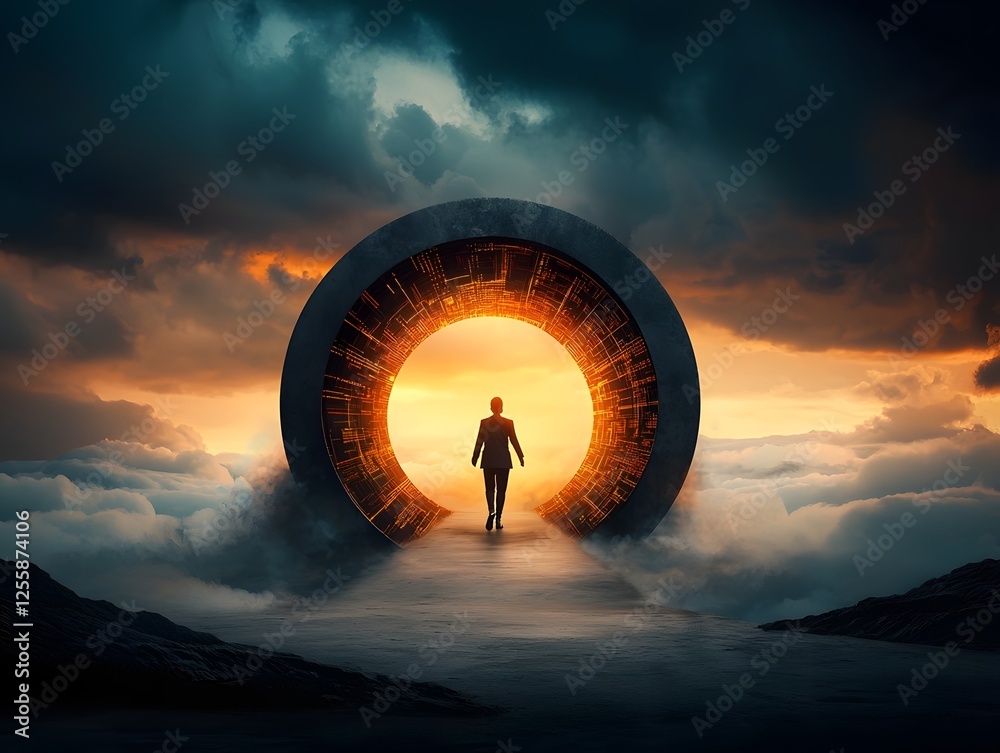 Poster a determined and confident individual navigates an elaborate data driven gateway representing the ac