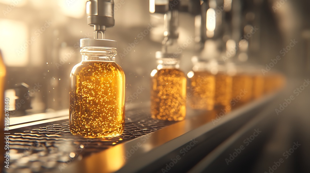 Poster A production line with glass jars filled with golden liquid, highlighting the bottling process in a factory setting.