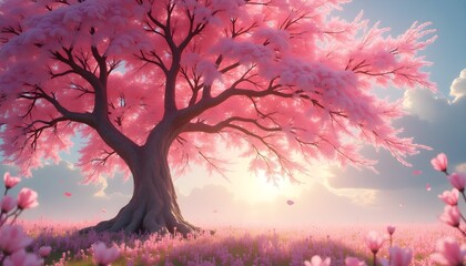 Obraz premium Blooming cherry blossom tree at sunrise