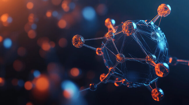 Molecule model rotating, dark background, bokeh, science