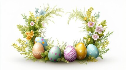 Happy easter and eggs decoration. Easter eggs surrounded by flowers in a decorative wreath.