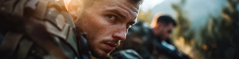 Obraz premium Close-up Portrait of a Soldier in Camouflage Uniform