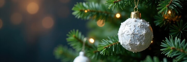 Christmas tree with large snowball ornament hanging from branches, christmas tree, evergreen tree