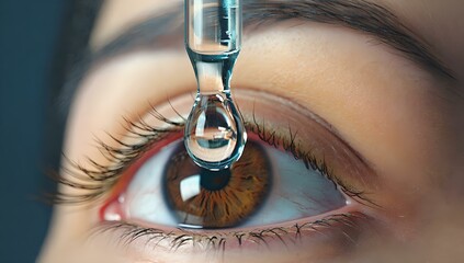 Close-up of human eye with suspended eye drop
concept of healthcare, vision, treatment