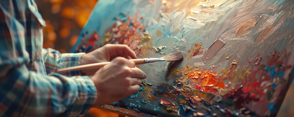 An artist creating a vibrant painting with textured brush strokes.