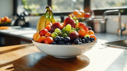 Artisan fruit bowl display cozy kitchen setting handcrafted pottery natural light slight angle seasonal fruits