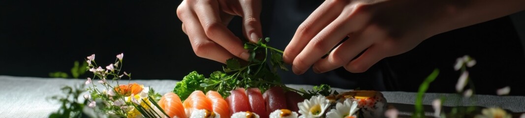 Chef’s Hands Artfully Garnishing a Gourmet Dish with Fresh Herbs in a Fine Dining Ambiance