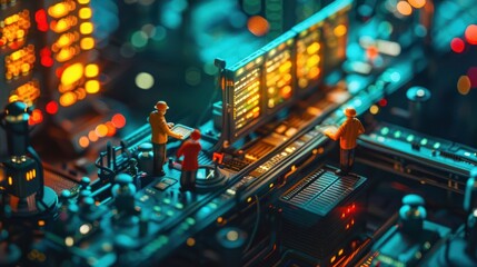 Obraz premium Miniature scene depicting workers on a vibrant, illuminated circuit board.