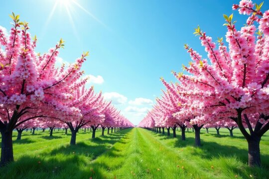 Clear blue sky above rows of blooming peach blossoms, nature, serene, landscape