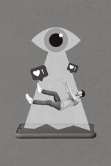 Collage photo of young falling down addicted smartphone blogger user student guy need more popular shares spy eye isolated on blue color background