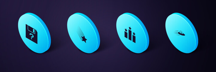 Set Isometric UFO flying spaceship and alien, Ranking star, Falling and Unknown document icon. Vector
