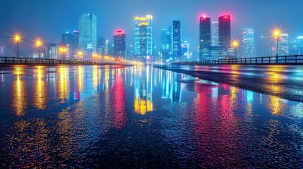 Tarmac Driveways. vibrant city skyline at night reflects on wet road, with colorful lights illuminating scene