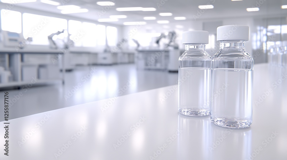 Poster two clear bottles of liquid sit on a table in a bright, sterile laboratory environment, suggesting a