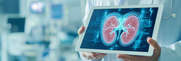 Doctor showing a kidney scan on a digital tablet in a modern hospital. This image represents medical technology, healthcare innovation, and professional diagnostics, free space, banner