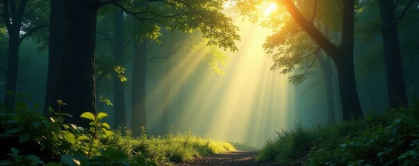 Sunlight piercing through misty forest canopy, foliage, trees, mist