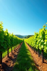 Naklejka premium Dense rows of green grapevines with golden leaves against a clear blue sky, farm landscape, tall trees