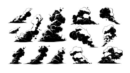Fototapeta premium Smoke clouds black ink sketch vector set. Vapor foggy wisps plumes, mist trails steam haze drifting smoky fog gray swirls fumes, monochrome isolated illustrations on white background