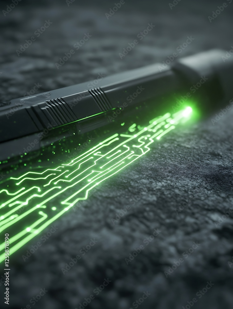 Aufkleber A sleek, futuristic device with glowing green circuitry on a textured surface, suggesting advanced technology and innovation.