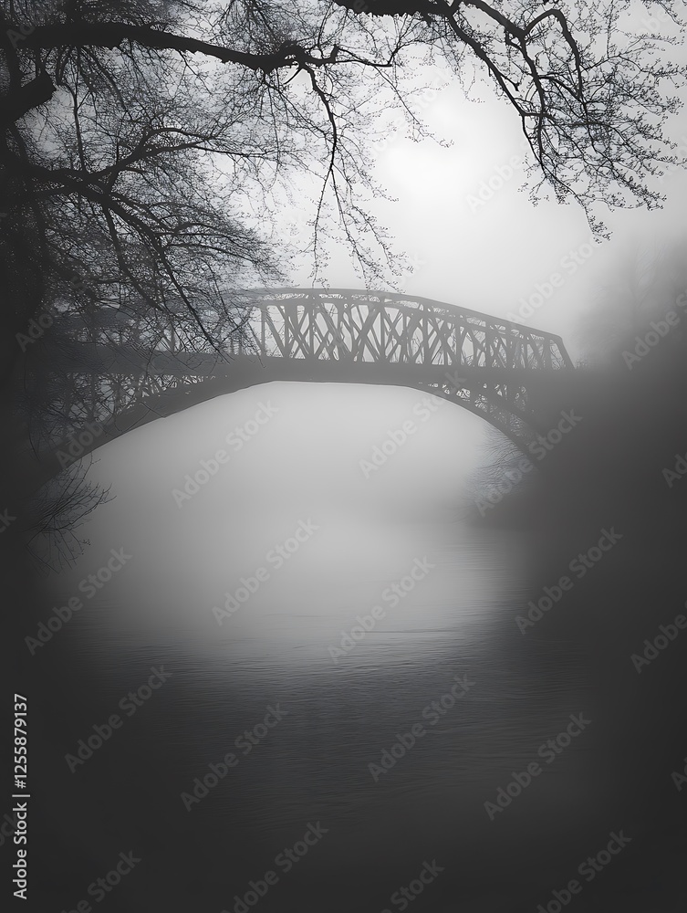 Poster a foggy scene featuring a silhouetted bridge above a calm water body, framed by trees, creating a se