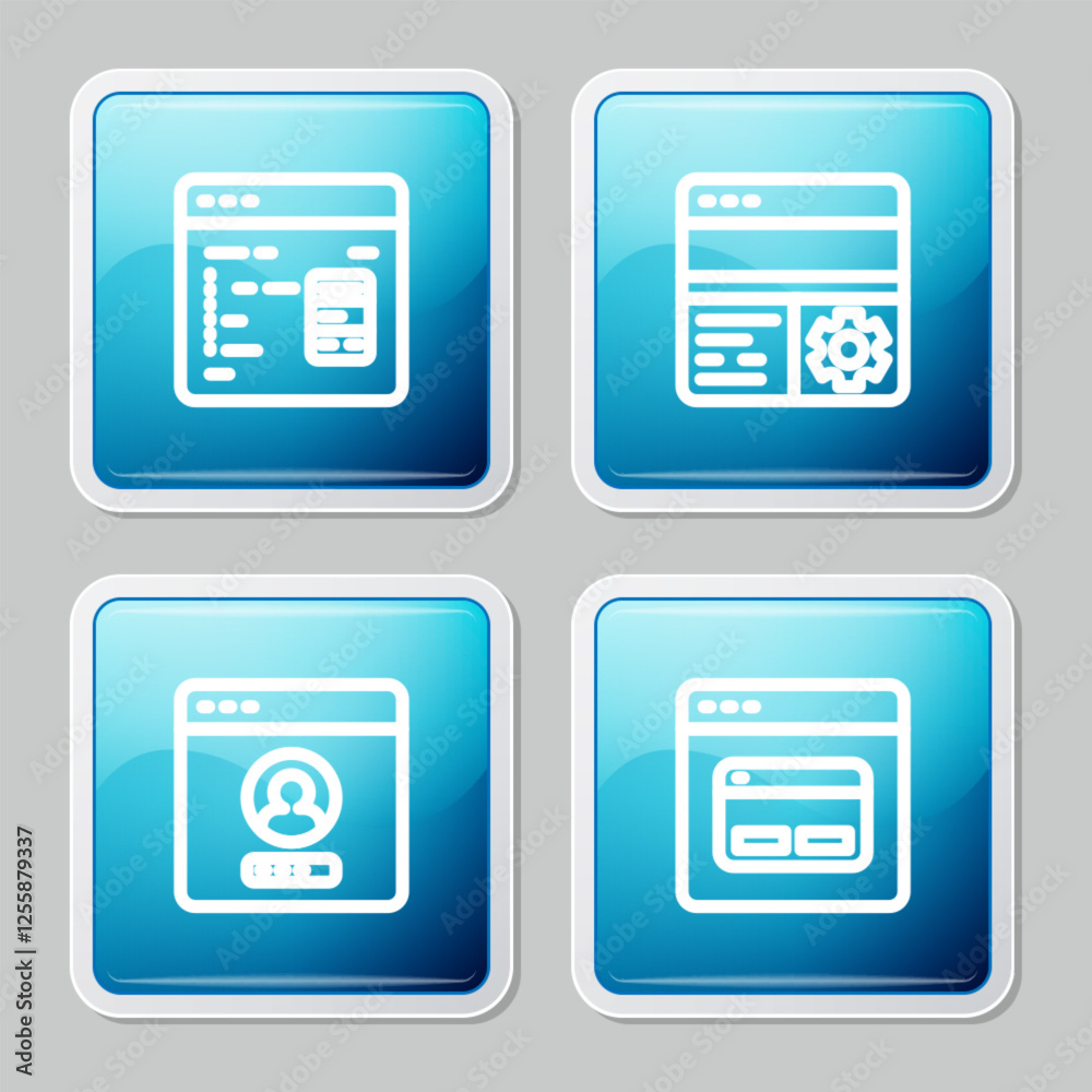 Poster set line software, debugging, create account screen and search engine icon. vector