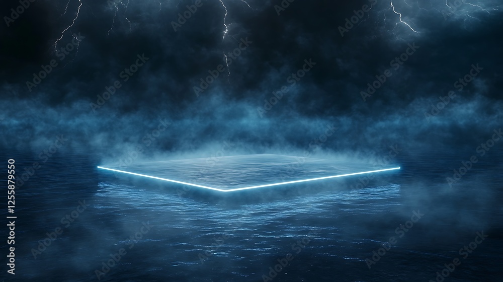 Aufkleber a mysterious illuminated platform hovers over dark, turbulent waters, surrounded by ominous storm cl