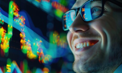 Smiling trader analyzes stock market data on digital screen at night in a modern office environment