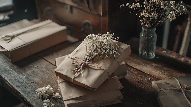Rustic Gifts: Brown paper packages tied with string, adorned with baby's breath on a wooden table.
