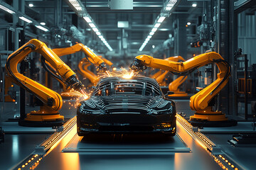 Obraz premium Advanced robotic arms welding a sleek black car in a high-tech automotive manufacturing facility with sparks flying