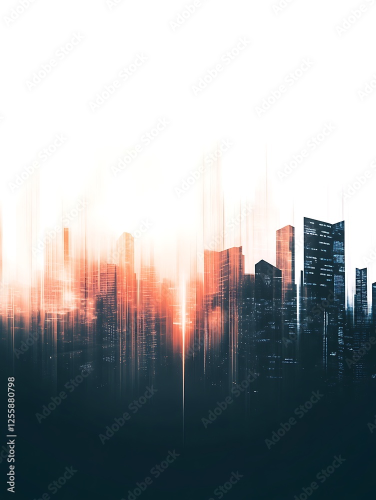 Poster a digitally blurred city skyline at sunrise, with soft light illuminating the buildings and creating