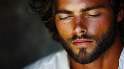 Obraz premium Calm young man with closed eyes reflecting serenity and peace in a natural setting during daylight