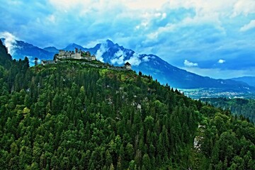 Austrian Alps-view of the ruins of Ehrenberg Castle and the town of Reutte in the Lechtal Alps