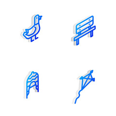 Set Isometric line Bench, Dove, Winter hat and Kite icon. Vector