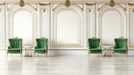 Elegant Green Armchairs in Ornate Room with Gold Accents and Classic Architectural Details