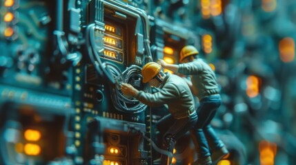 Miniature workers fixing a complex circuit board with glowing components.