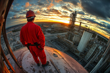 Industrial worker in red uniform standing on oil refinery rooftop at sunset overlooking vast petrochemical facility