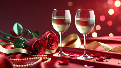 Romantic Valentine's Day Scene with Roses, Gifts, and Champagne