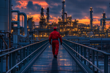 Industrial worker in red uniform walking towards illuminated oil refinery at sunset with dramatic sky and metal structures
