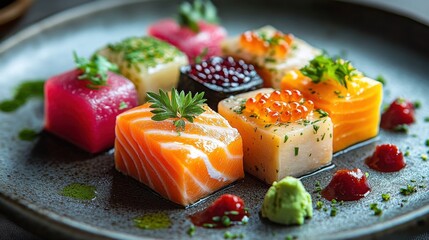 Colorful sushi platter featuring various types of fish and edible garnishes on a dark plate during a culinary exhibition