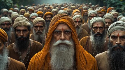 Gathering of spiritual leaders in a forest during a traditional ceremony with colorful clothing and powerful expressions