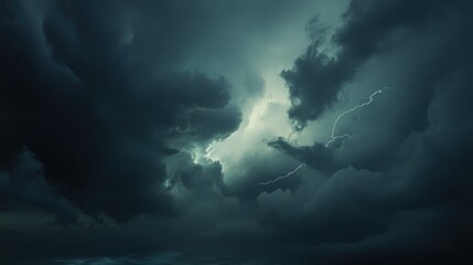 Naklejka premium Dramatic Stormy Sky with Lightning Strikes Over Dark Ocean Waters