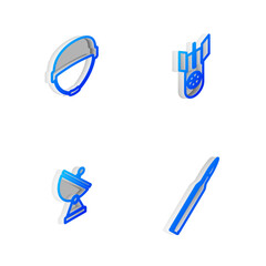 Set Isometric line Nuclear bomb, Military helmet, Radar and Bullet icon. Vector