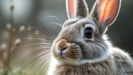 Obraz premium Curious rabbit in forest, sunlight bokeh background, pet portrait, nature