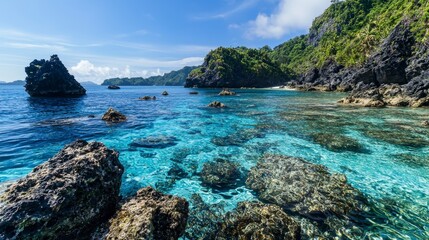 Fototapeta premium Stunning action of crystal-clear ocean with jagged islands tropical paradise nature photography serene viewpoint